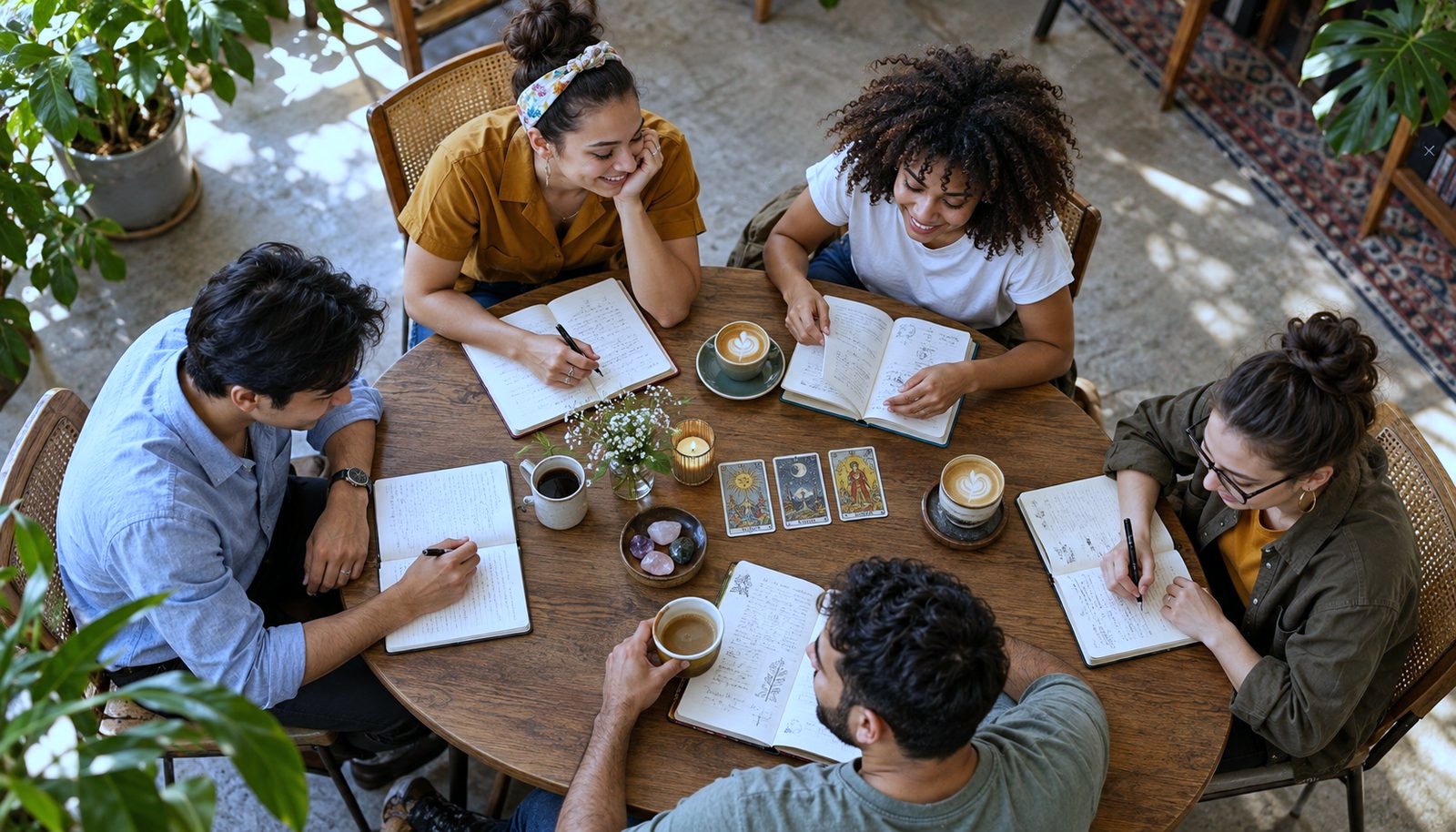 A mixed group of five people seen from above around a round cafe table, writing in notebooks with coffee, a candle and tarot cards between them.