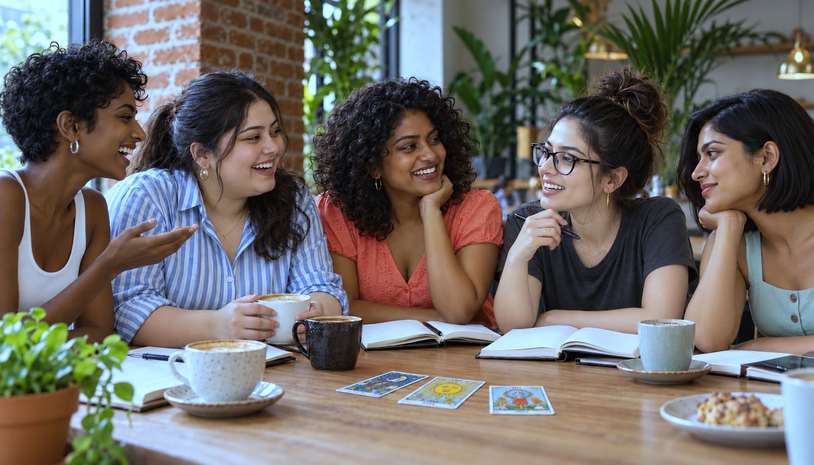 Five women around a cafe table in conversation, with coffee, open notebooks and tarot cards spread between them.
